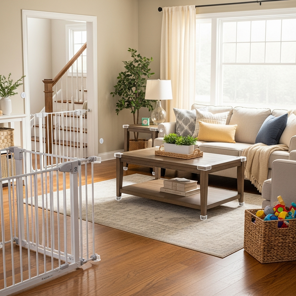 childproofed living room with safety gates and corner protectors for baby safety guide