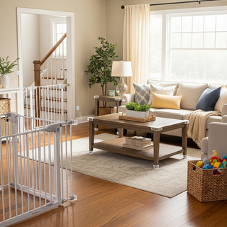 childproofed living room with safety gates and corner protectors for baby safety guide