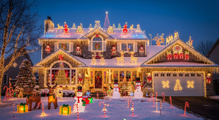 Christmas vacation trivia guide with elaborately decorated house and lights