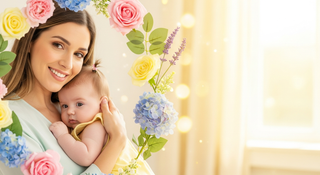 Colorful baby girl names guide with mother and baby surrounded by flowers