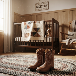 Cowboy western baby names guide with rustic nursery scene