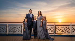 Elegant family in coordinated cruise dinner outfits on ship deck at sunset for formal night