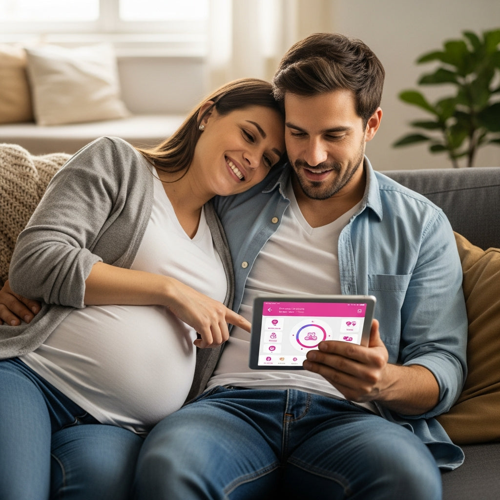 Expecting father using due date calculator app with pregnant partner at home