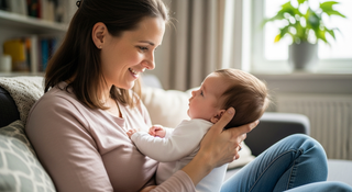 Eco-conscious mother and baby at home representing bamboo baby clothes donation and recycling guide