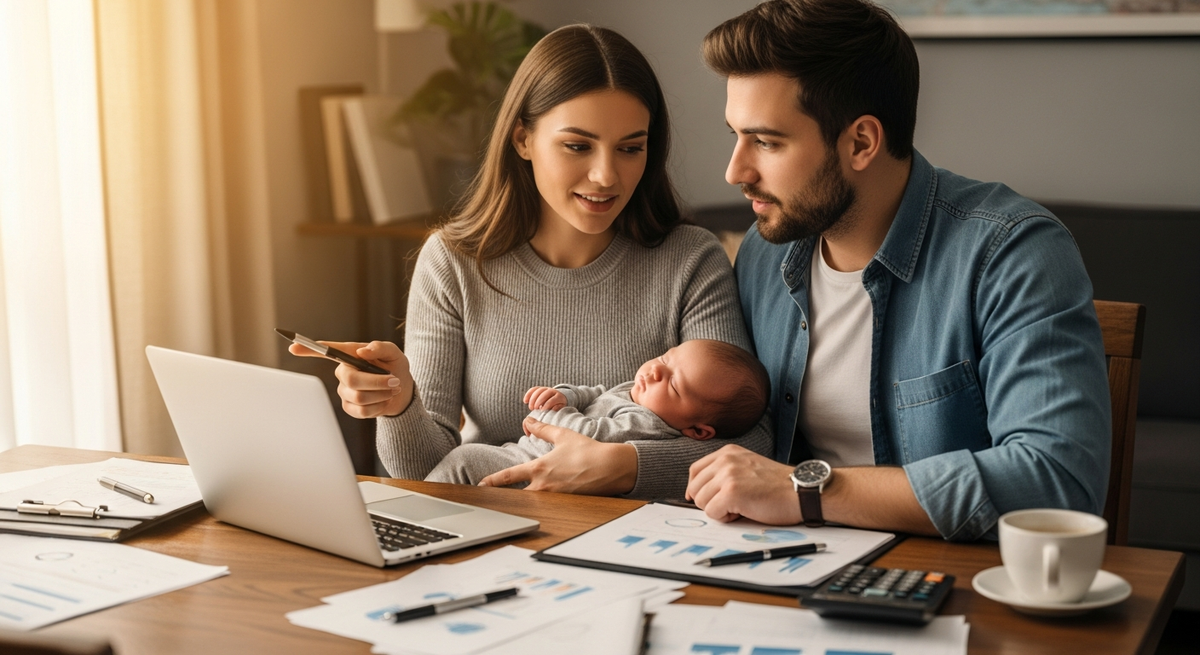 New parents creating a family budget after having a baby with newborn on lap