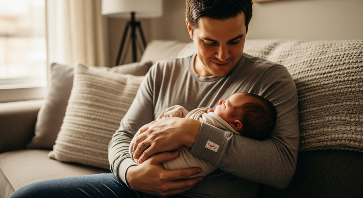 first week home with newborn guide — parent holding swaddled newborn baby in warm cozy home setting