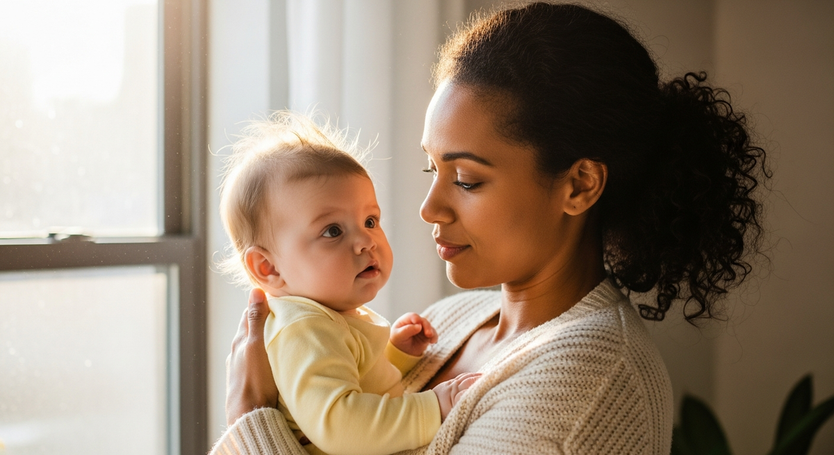 Mother holding baby near window preparing emotionally for going back to work after maternity leave