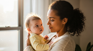 Mother holding baby near window preparing emotionally for going back to work after maternity leave