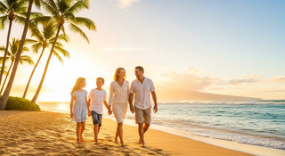 Family enjoying Hawaii vacation with kids playing at tropical beach resort
