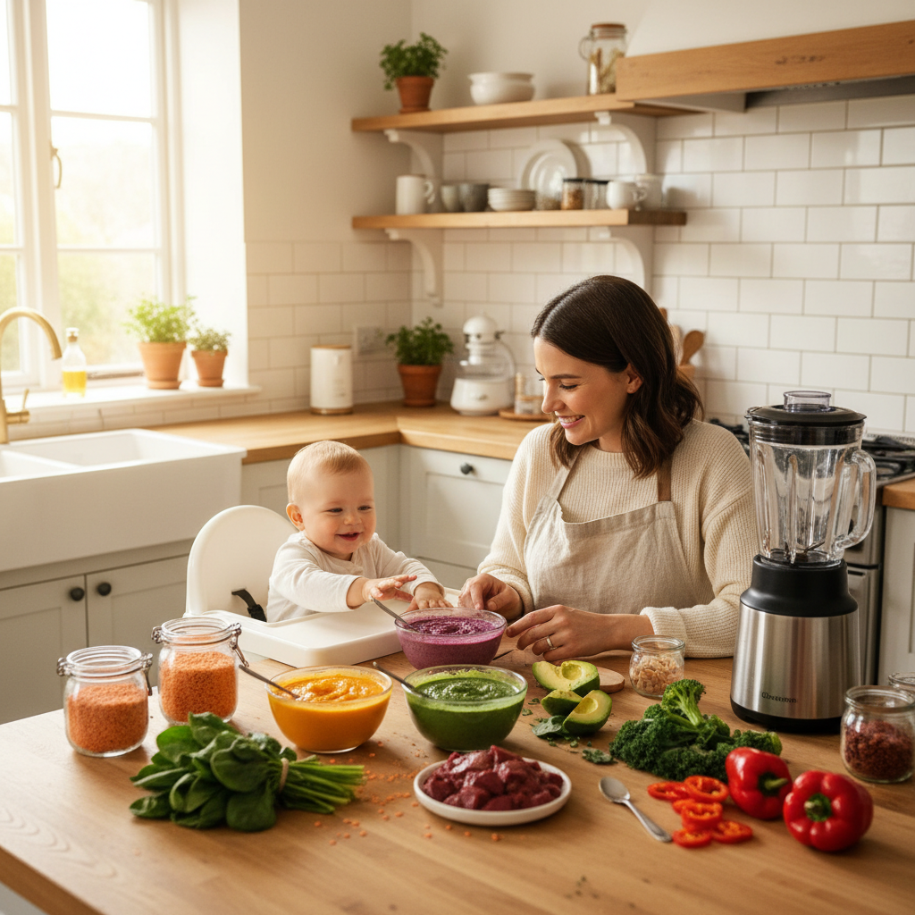 Iron rich baby food recipes guide for new mothers showing homemade purees and ingredients