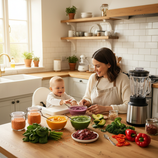Iron rich baby food recipes guide for new mothers showing homemade purees and ingredients