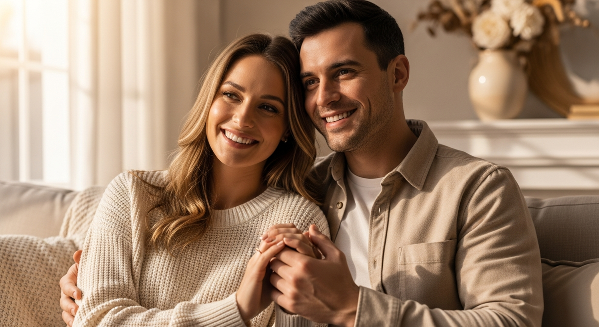 Hopeful couple holding hands smiling warmly while trying to conceive, how to get pregnant faster guide