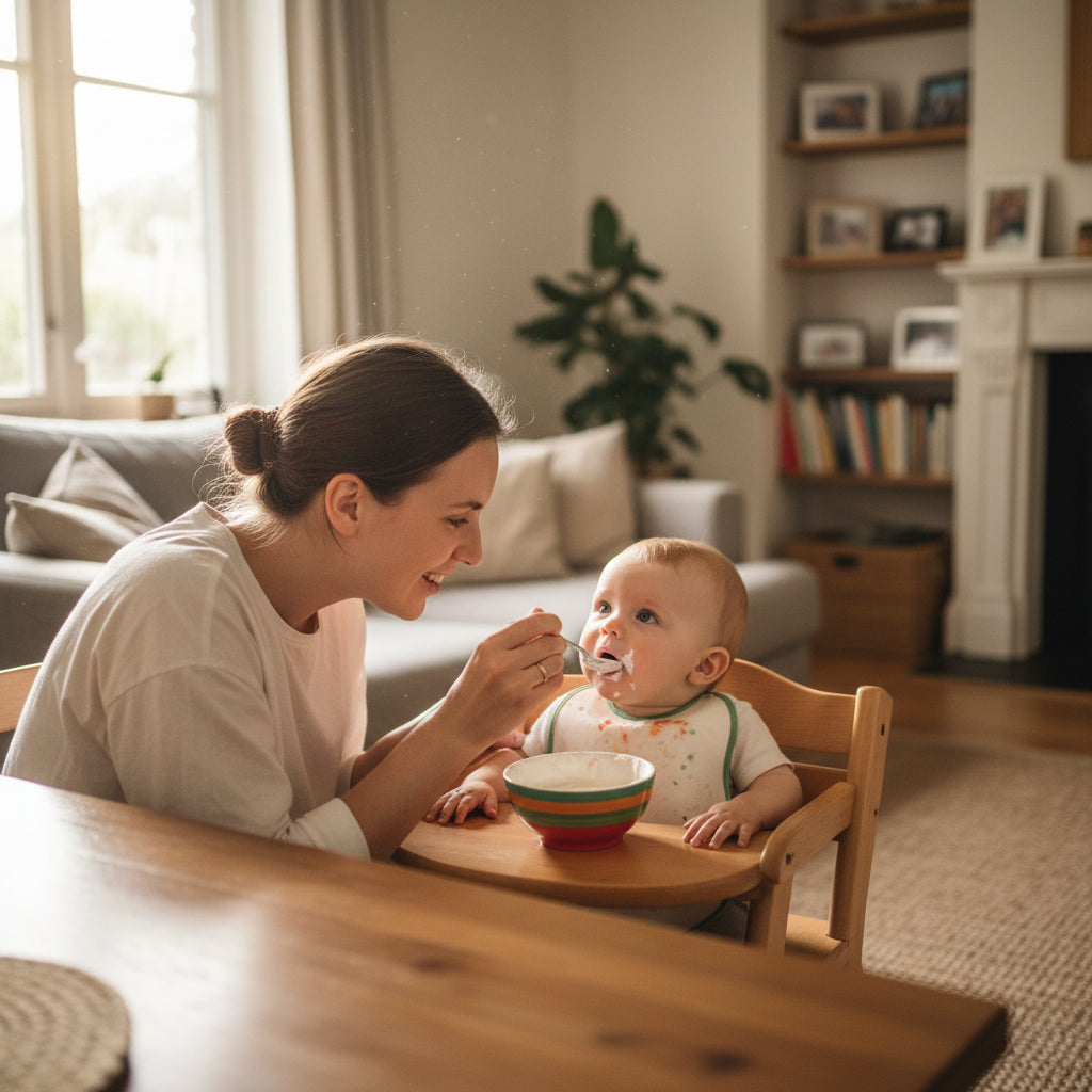 Introducing dairy to baby guide illustration for new mothers feeding yogurt at home