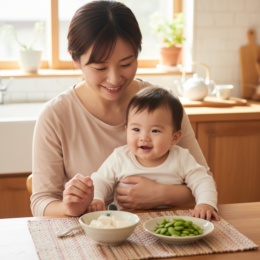 Introducing soy to baby guide illustration for new parents with mother and baby at mealtime
