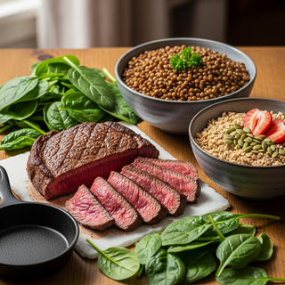 Iron-rich postpartum recipes featuring beef, spinach, and lentils to rebuild iron after giving birth