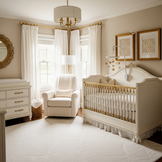 Luxury baby names 2026 guide illustration with elegant gold and white nursery