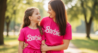 Mom and daughter wearing matching Barbie hot pink outfits smiling joyfully outdoors together