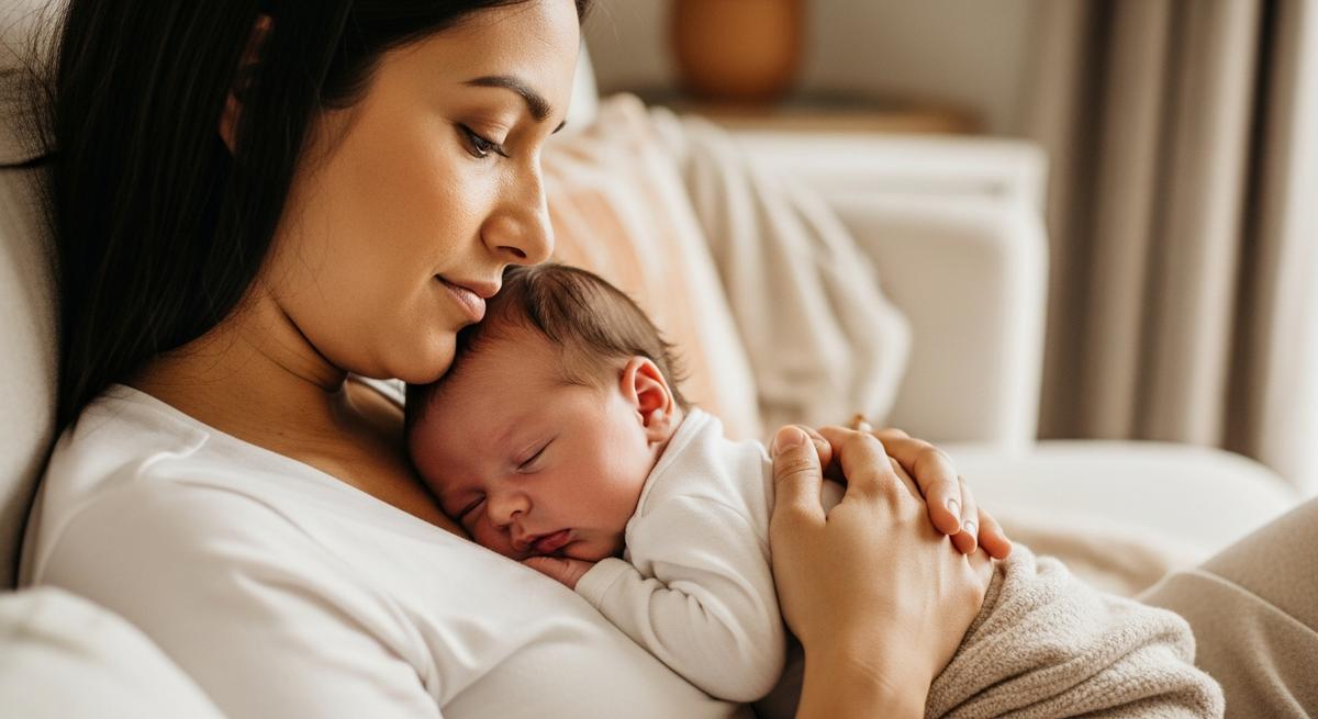 Newborn activities guide showing mother bonding with baby at home for new parents