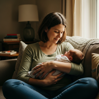 Newborn honest truths guide illustration for new parents, mother holding newborn baby in warm home setting