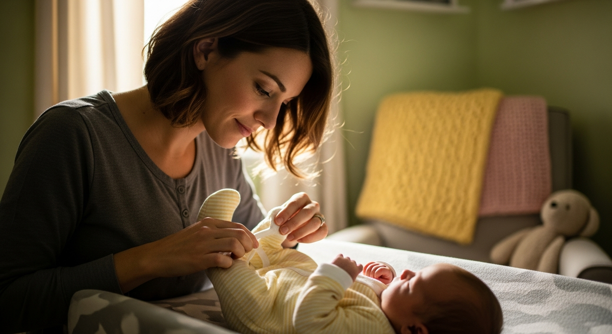 Parent checking baby sleeper fit on newborn - when to transition from newborn to 0-3 month sizes guide