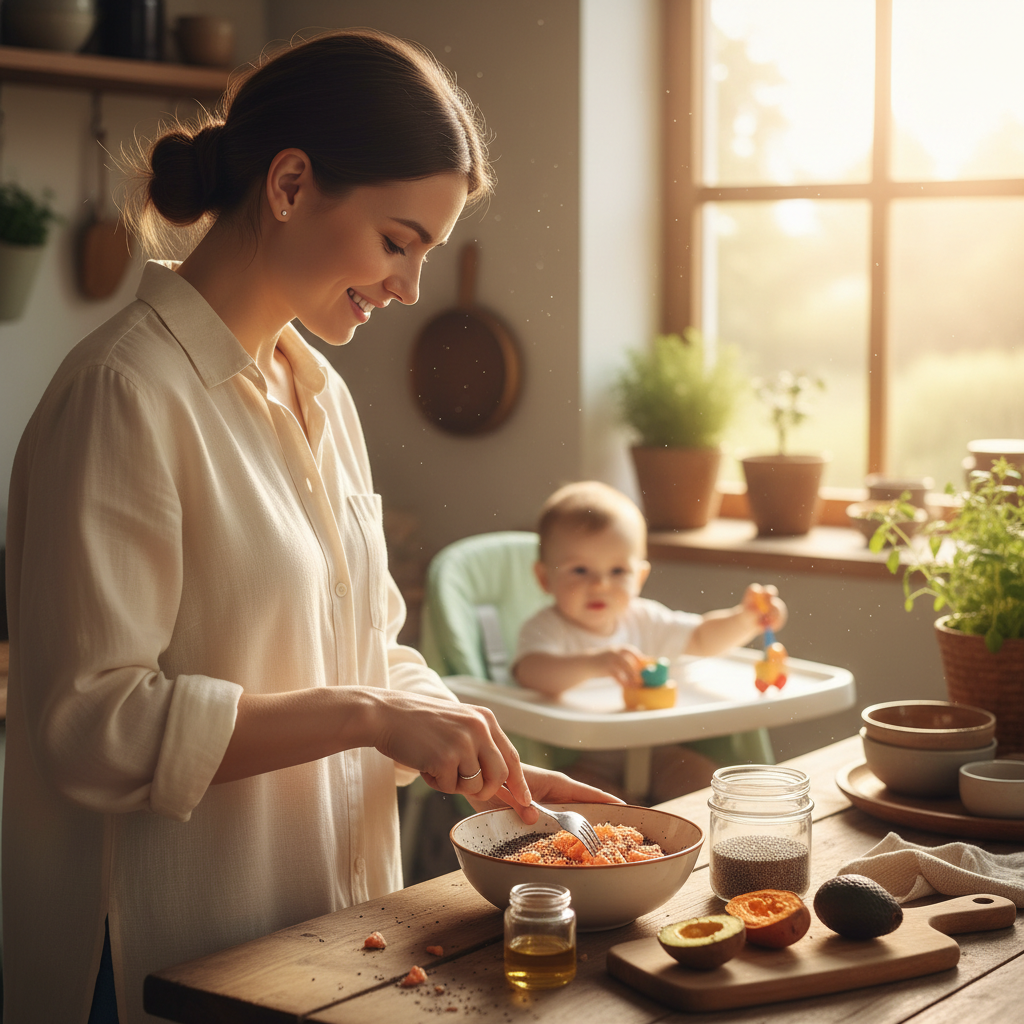 Omega-3 DHA baby food preparation guide with salmon and chia seeds for infant brain development