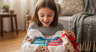 Pajama gifts for kids guide with child opening colorful gift box