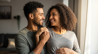 Expecting parents reading pregnancy information together looking hopeful and engaged