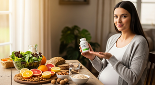 Pregnancy vitamins guide illustration with prenatal supplements and healthy foods