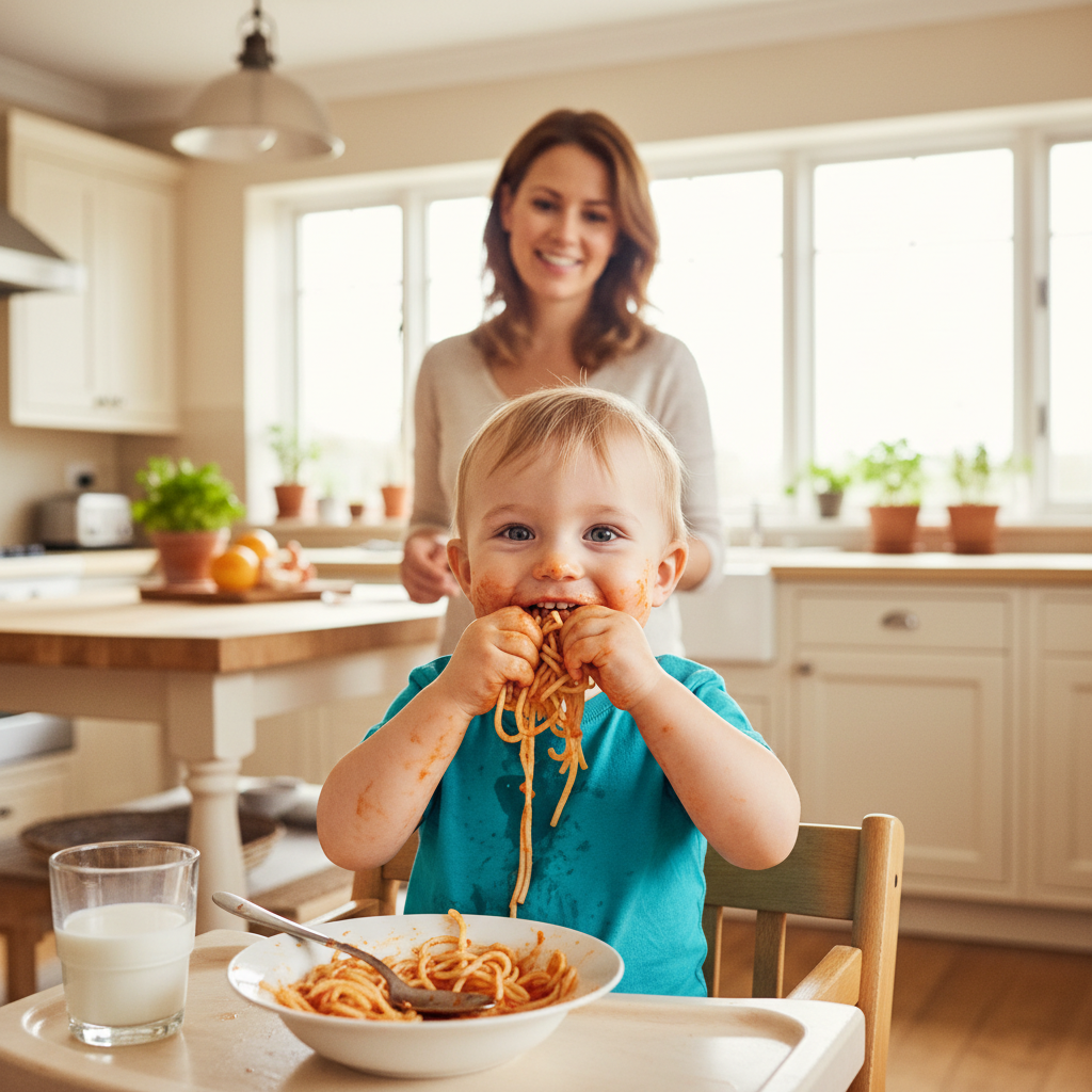 toddler in stain proof kids clothes eating messily at table, warm family kitchen scene