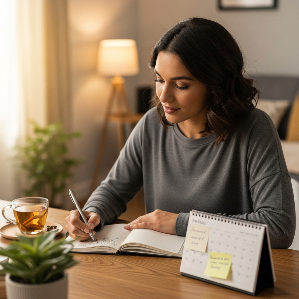 Menstrual cycle tracking guide illustration for beginner women using journal and calendar