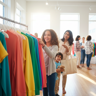 Tween shopping for their own clothes with parent nearby in a clothing store