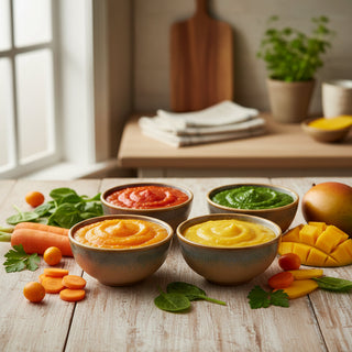 Vitamin A baby food recipes guide with colorful orange and green purees for vision and immune health