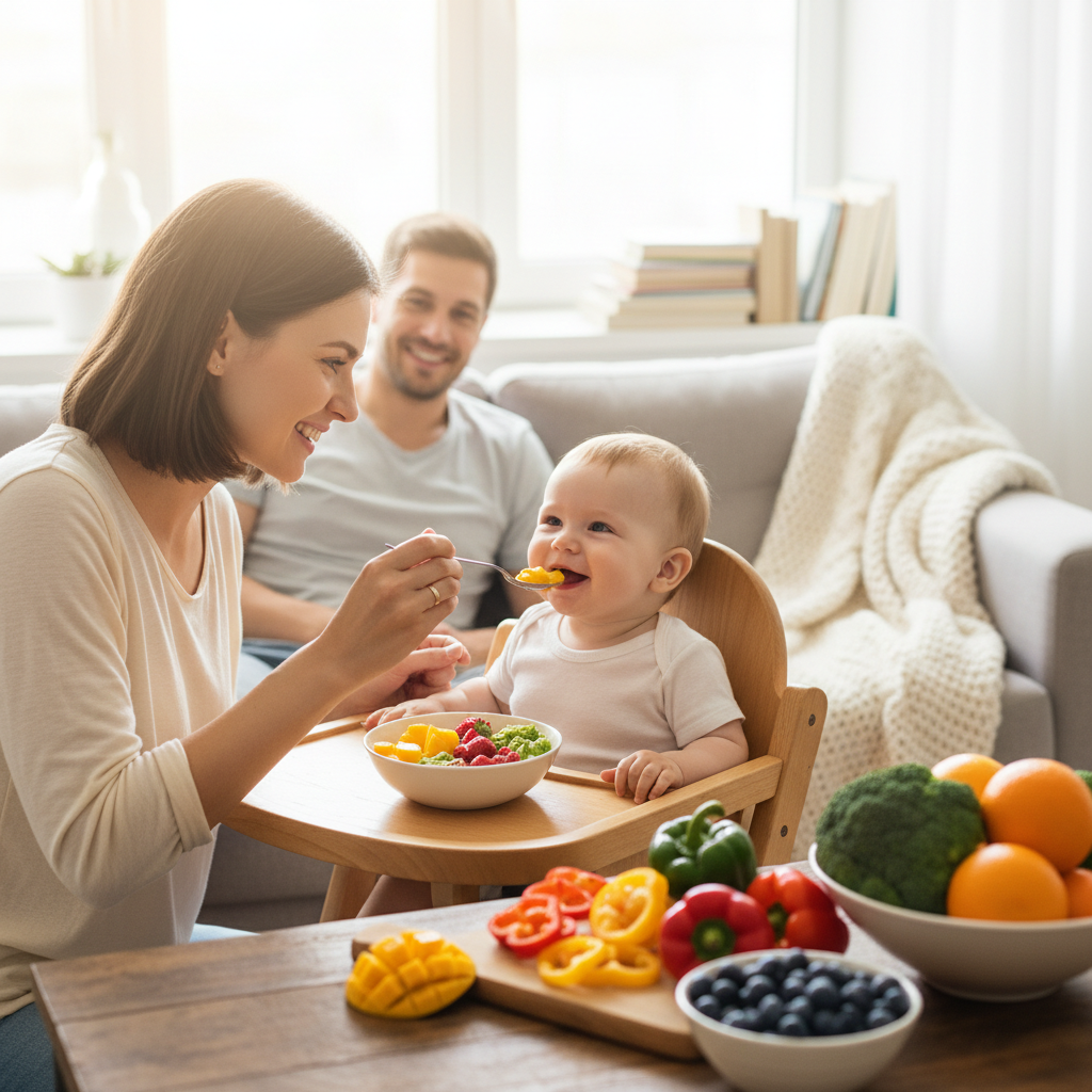 Vitamin C baby food recipes guide with mother feeding baby colorful fruits and vegetables naturally