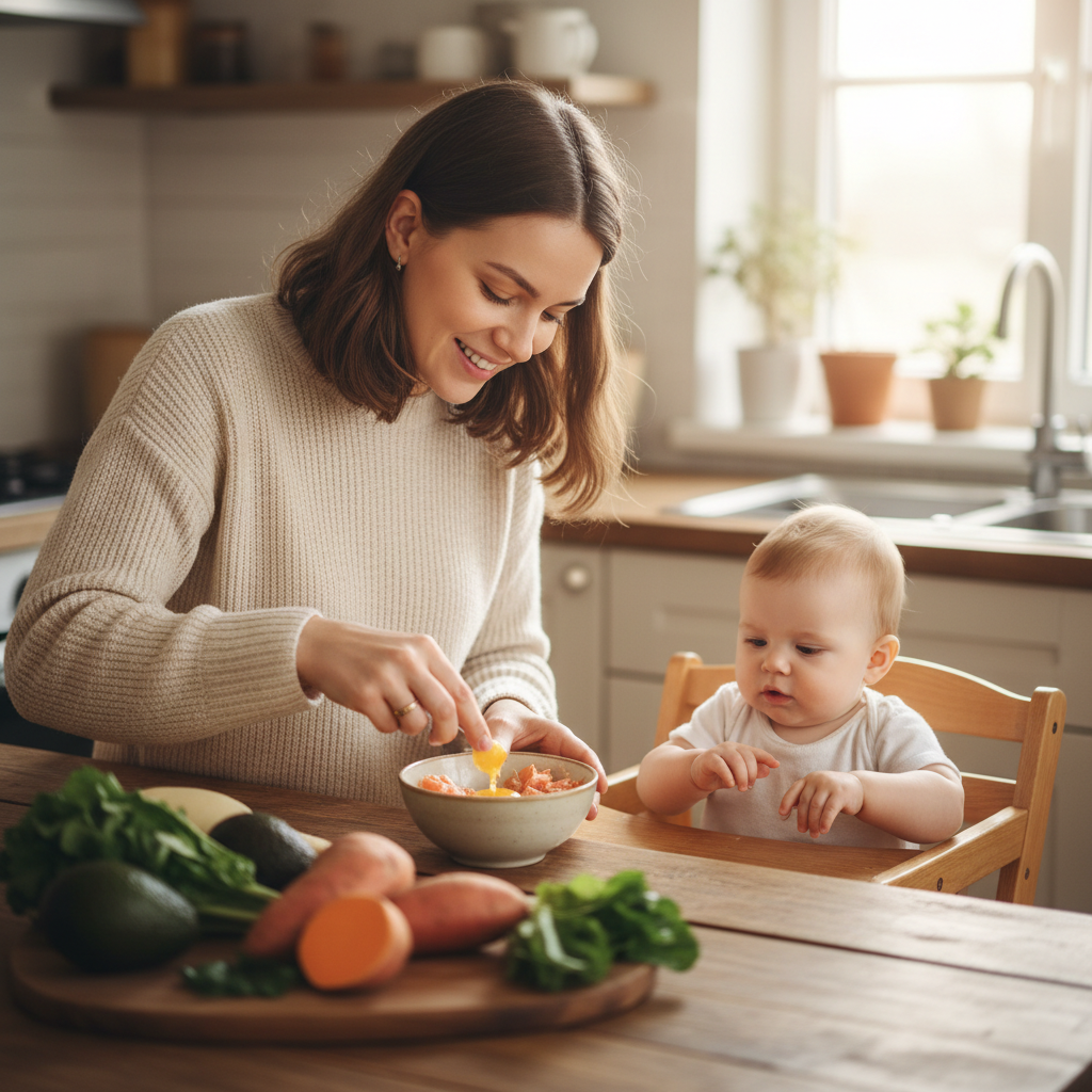 Vitamin D baby food recipes guide illustration for new mothers preparing healthy infant meals