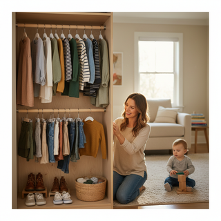 Kids minimalist wardrobe guide illustration showing mother organizing children's capsule closet