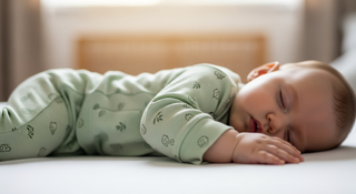 Bamboo baby pajamas for eczema relief illustration showing peaceful sleeping baby