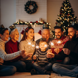 Multi-generational family New Year celebration with sparklers