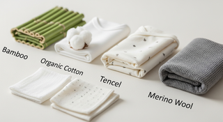 Baby clothing materials comparison showing bamboo cotton tencel fabrics