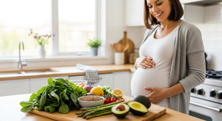 Folate-rich foods for pregnancy guide showing fresh spinach, lentils, and asparagus