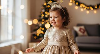 Toddler girl in gold sparkly New Year dress with festive headband
