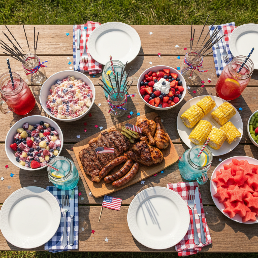 Patriotic 4th of July BBQ table spread with red white blue decorations and festive food