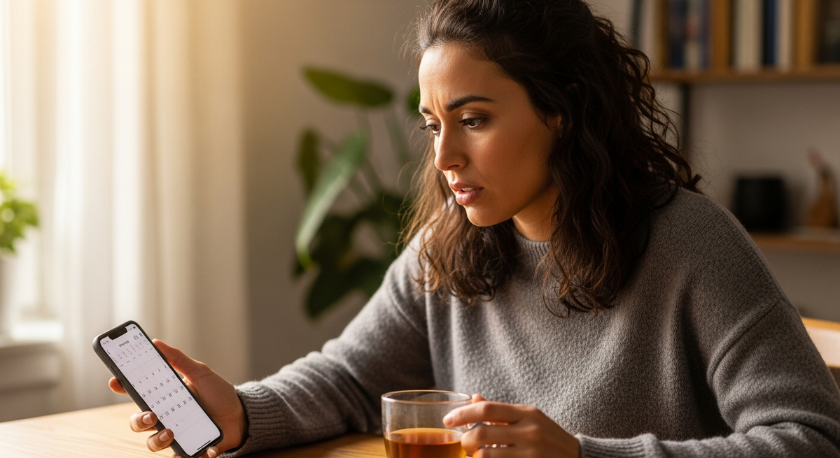 Woman checking calendar wondering can stress delay your period