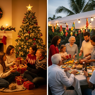 Christmas traditions around the world - family celebrating with festive decorations and matching pajamas