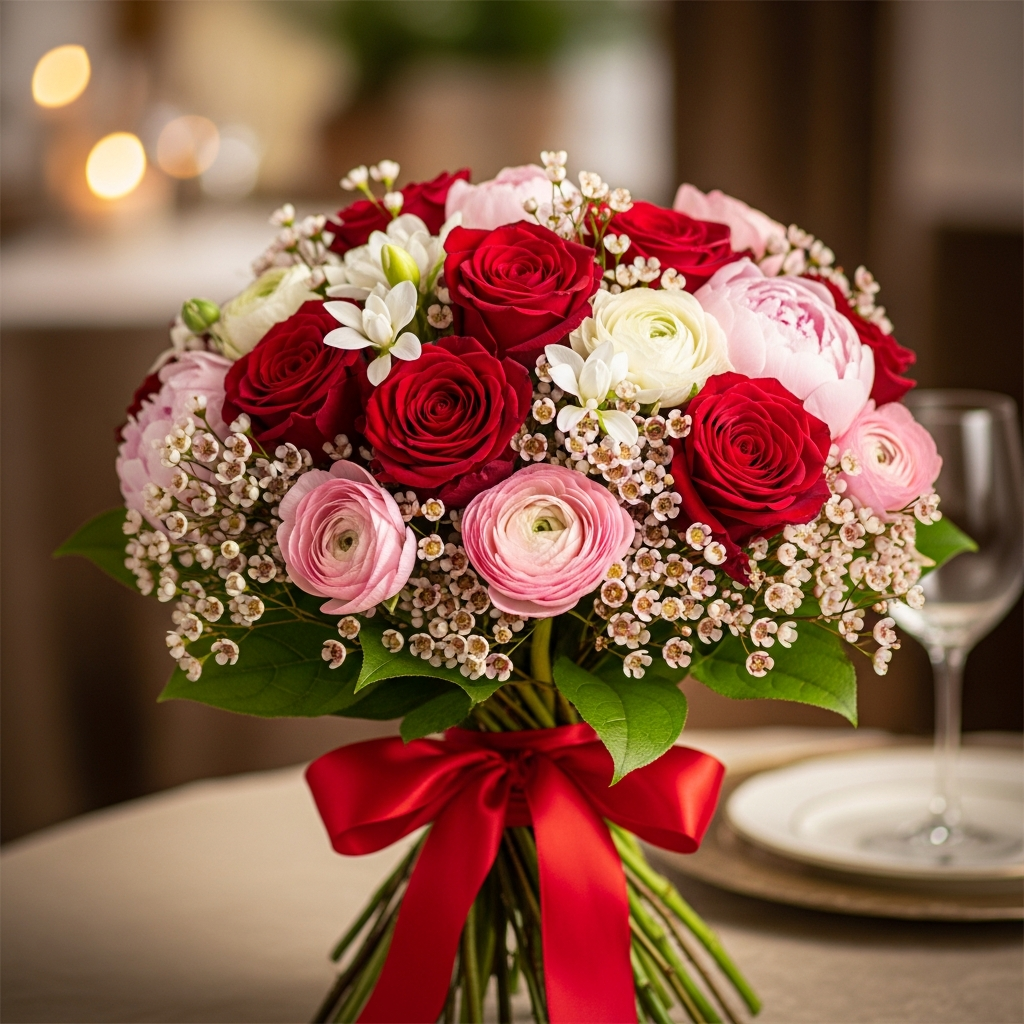 Valentine's Day bouquet featuring red roses and romantic blooms
