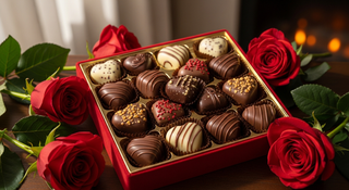 Valentine's Day chocolate gift box display with heart-shaped chocolates and roses