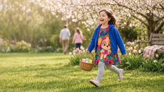 Girl in a washable floral Easter dress, cardigan and leggings running through a spring garden egg hunt