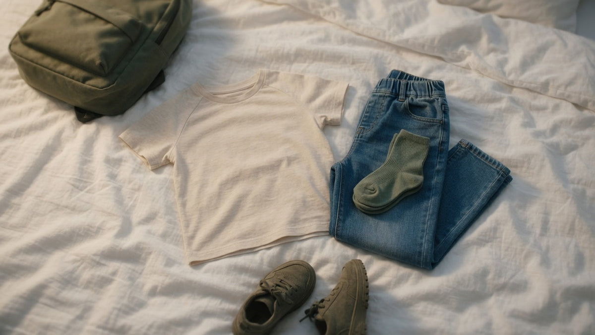 Easy-care kids' school clothes laid out the night before on a bed — pull-on pants, a soft tee, and socks ready for a busy morning
