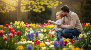 Parent explaining Easter story to toddler in spring garden