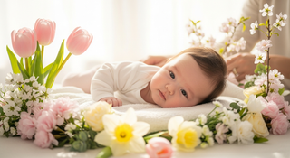Spring baby names guide with nursery and blooming flowers