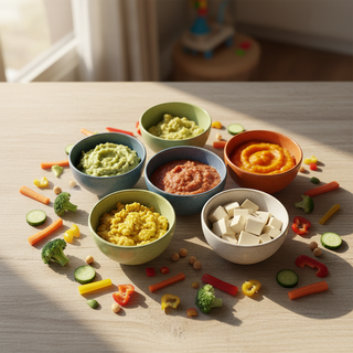 Vegetarian baby food recipes featuring iron-rich lentils, tofu, avocado, and chickpeas in colorful baby bowls